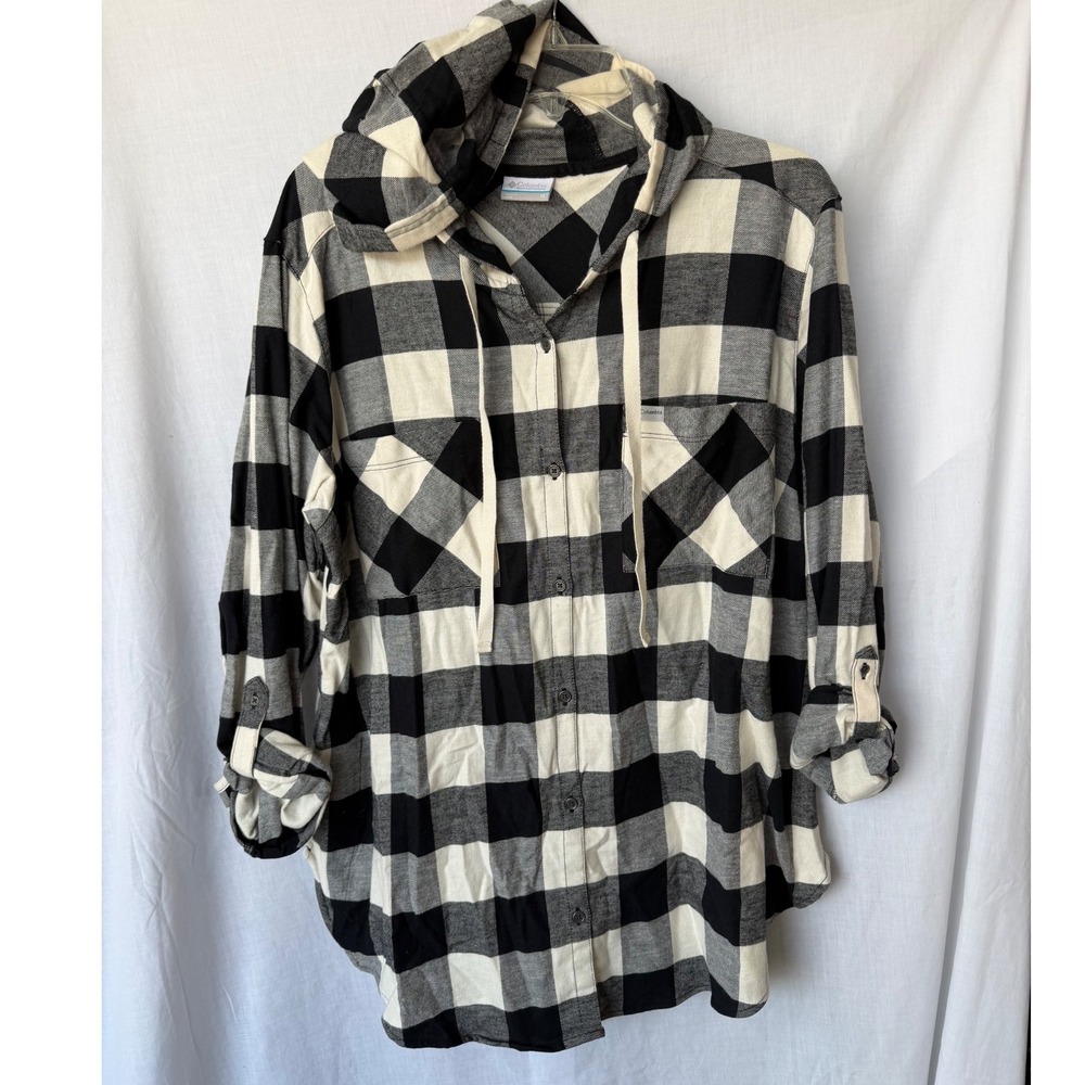 Columbia Hooded Button Down Cozy Flannel Shirt Black White Buffalo Plaid 1X